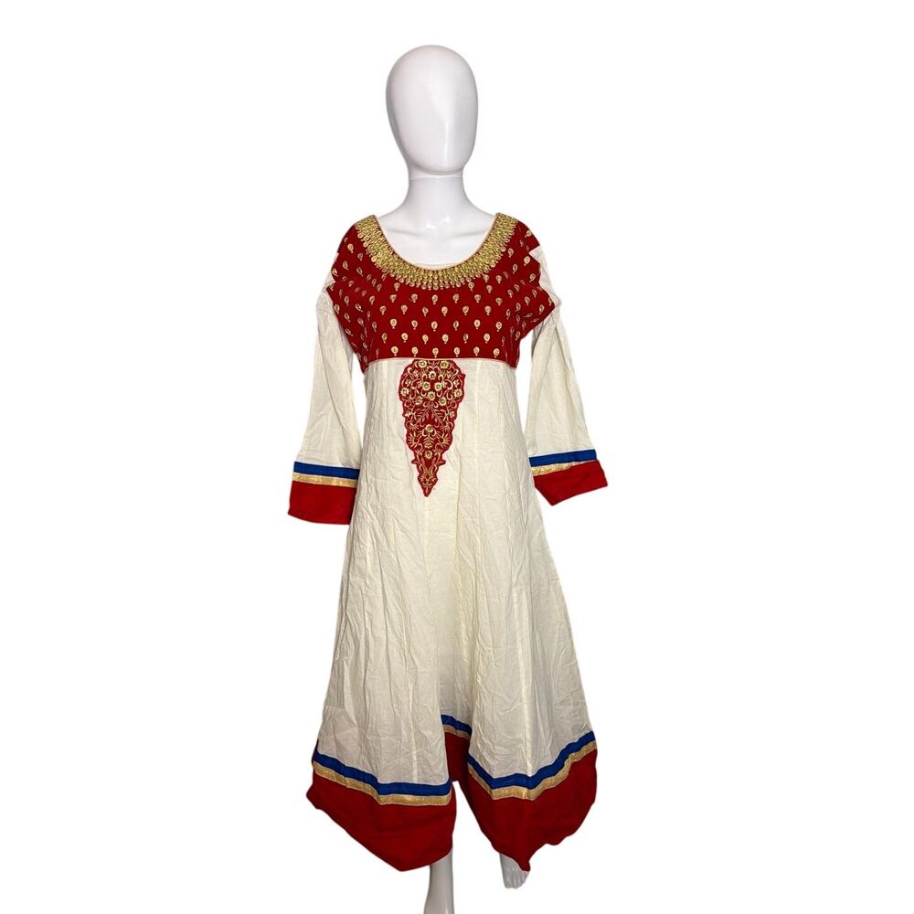 Women Cream Red Embroidered Anarkali Kurta Gown Dress Size Large L Maxi